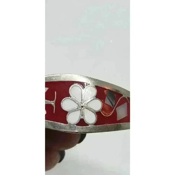 Vintage Child Bracelet 925 Sterling Silver Abalone Enamel Clamper Baby Gift - Picture 3 of 7